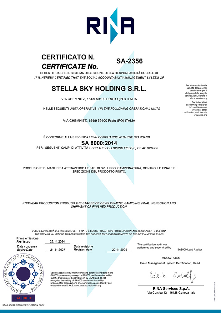 Stella Sky Produzione Maglieria conto terzi a Prato Made in Italy - CERTIFICATO 2024-2027